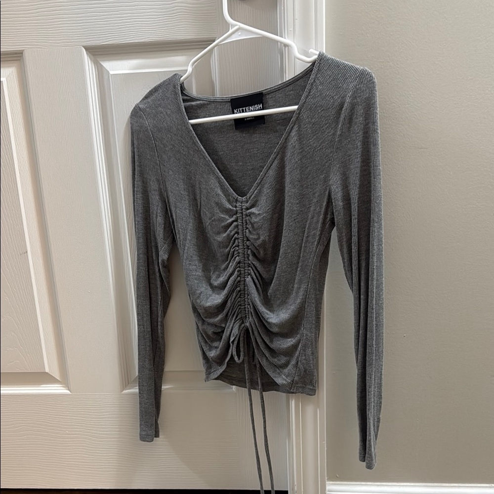 Kittenish Gray Ruched Tie Front Blouse
